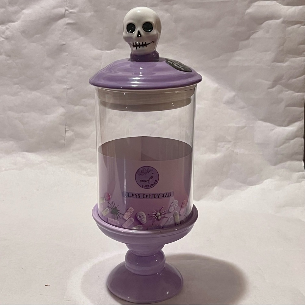 Cobwebs & Cauldrons Halloween Skeleton Glass Candy Jar Purple